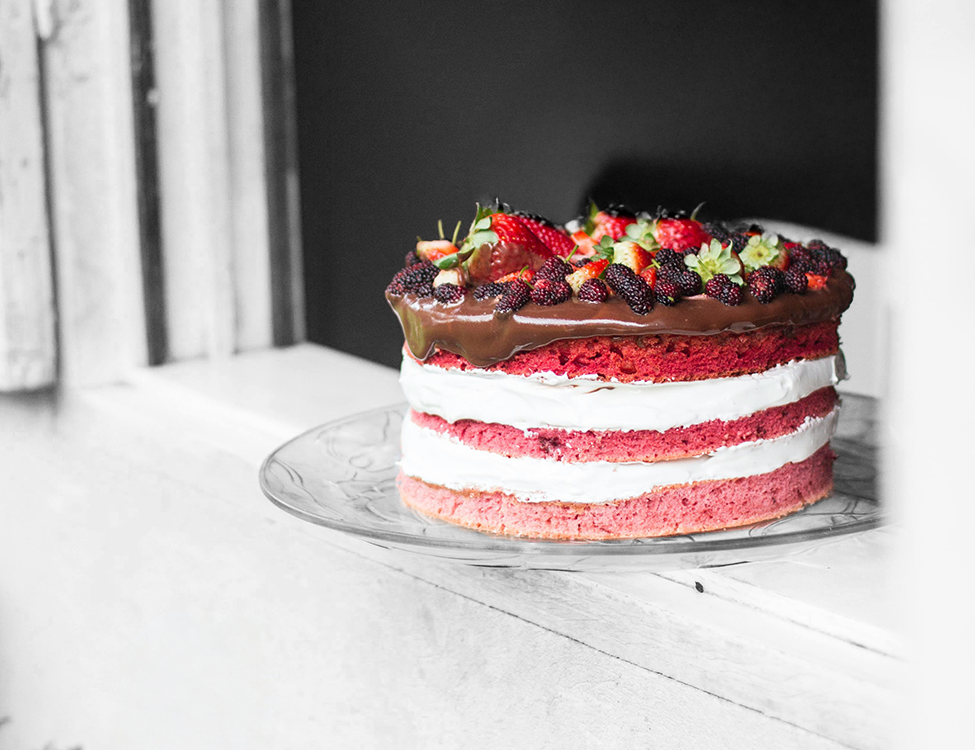 strawberry cake on a window